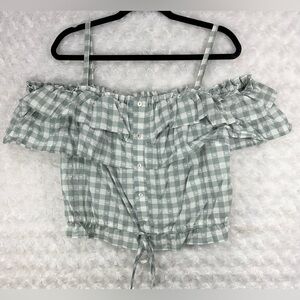 LC Lauren Conrad Women’s Button Front Off the Shoulder Green Ruffled Crop Blouse